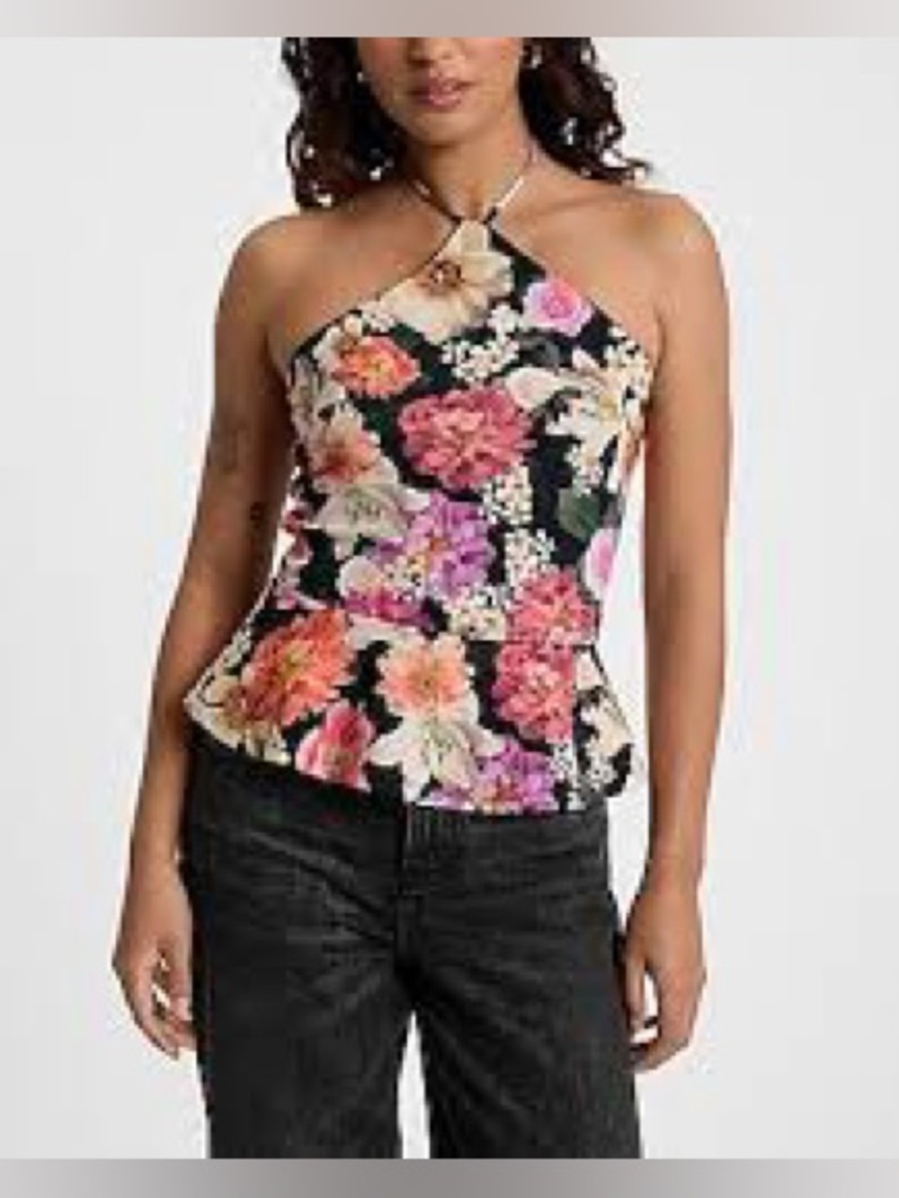 Express Black Floral Halter top with peplum hem NWT